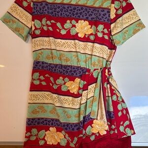 Vintage Sag Harbor Tropical Faux Wrap Side Tie Midi Dress 14 Nautical Boho Artsy